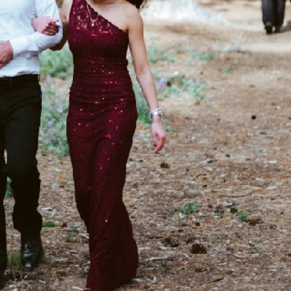 One-Shoulder Ruched Sequin Lace Mermaid Dress Style DS270016, Merlot, 0